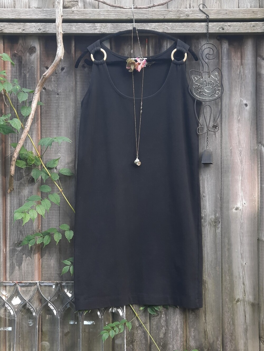 SPANNER Black Sundress, 100% Cotton Jersey Fabric, Brass Ring Shoulder Straps